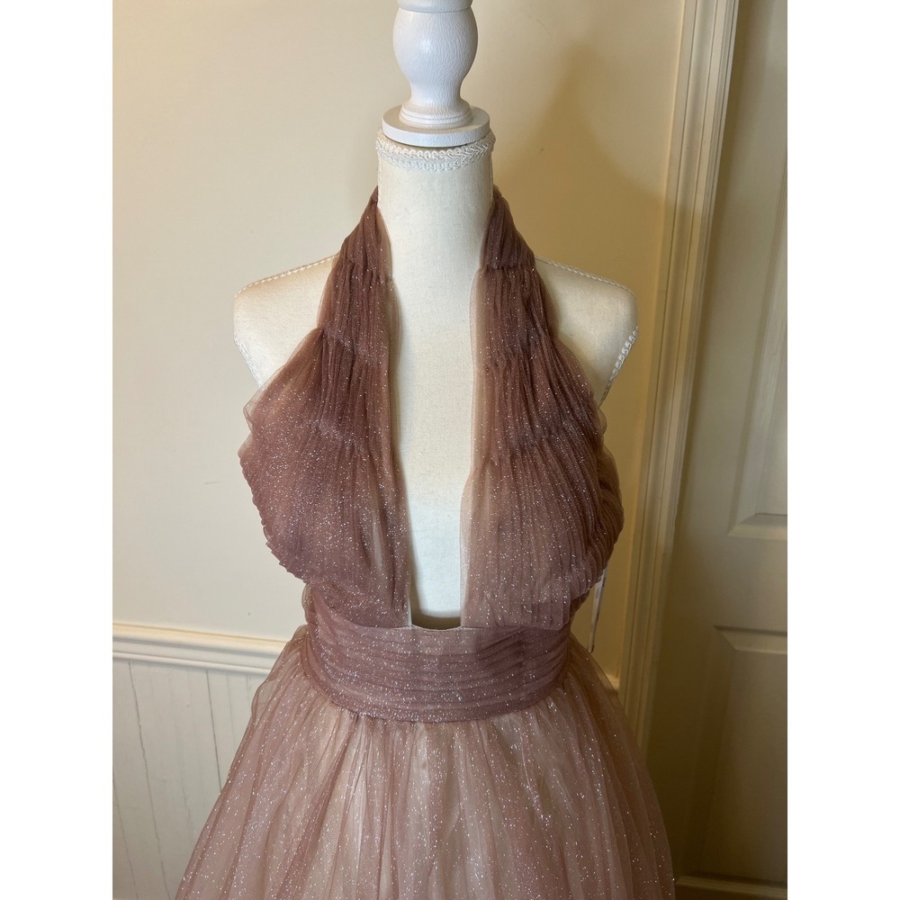 Mac Duggal 20376 Mauve Rose Glitter Tulle Halter Neck Gown Formal Prom Dress NEW - Picture 10 of 13